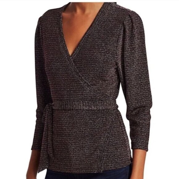 NWT Paige Rainbow Metallic Jasper Wrap Top XS Puff Sleeve Sparkle Glitter Blouse - Picture 4 of 7